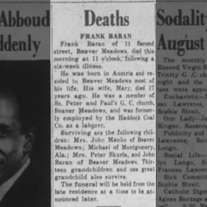 Frank Baran Obituary - 21 Aug 1951 Hazleton Plain Speaker