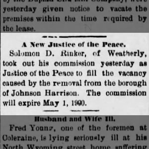 Solomon D. Rinker commissioned as Justice of the Peace